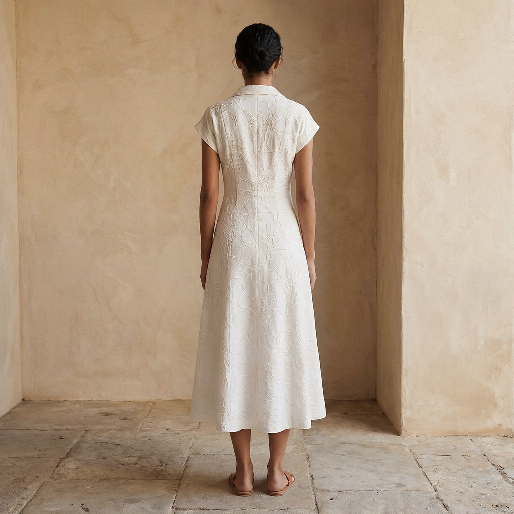 Ecru Embroidered Cotton Paneled A-Line Midi Dress