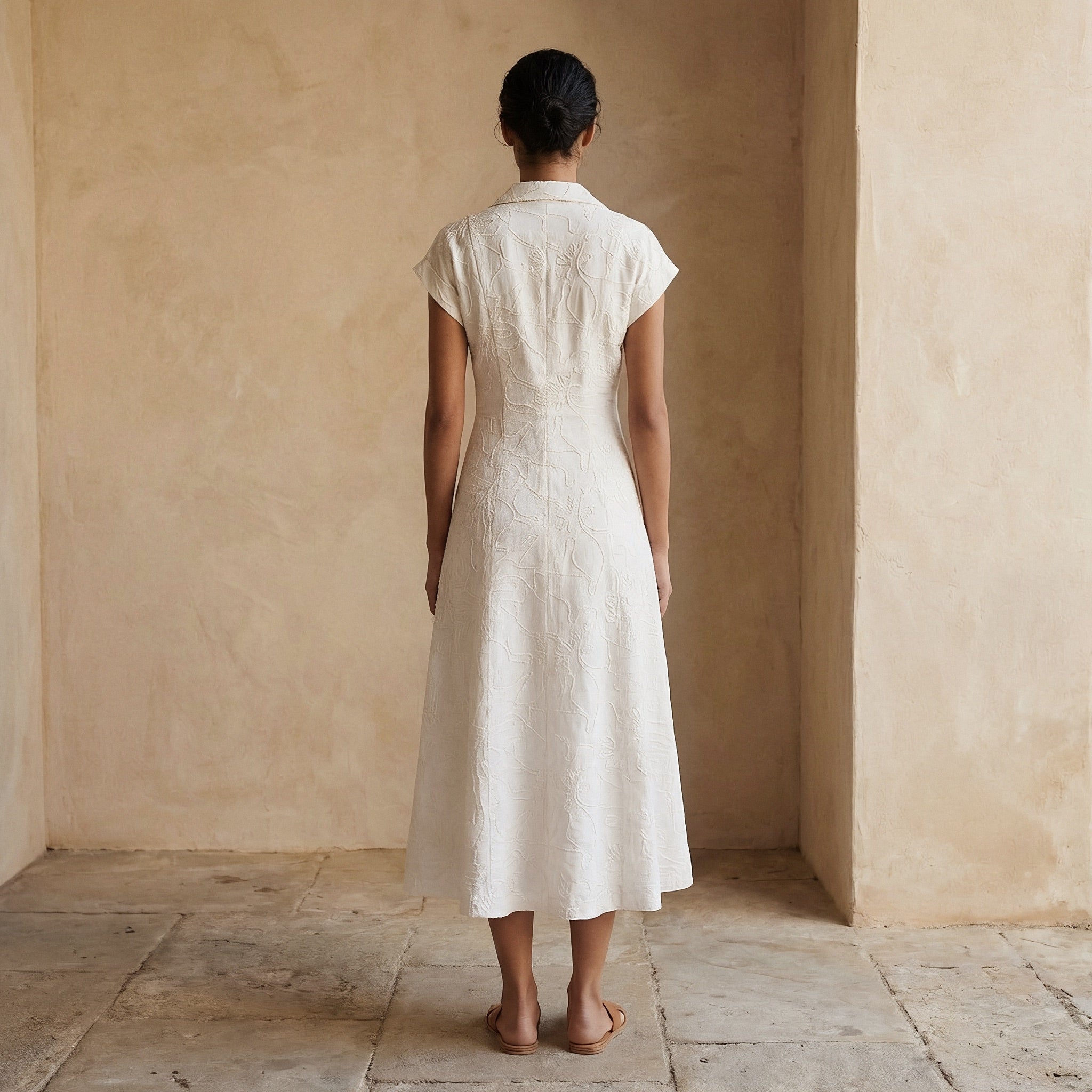 Ecru Embroidered Cotton Paneled A-Line Midi Dress