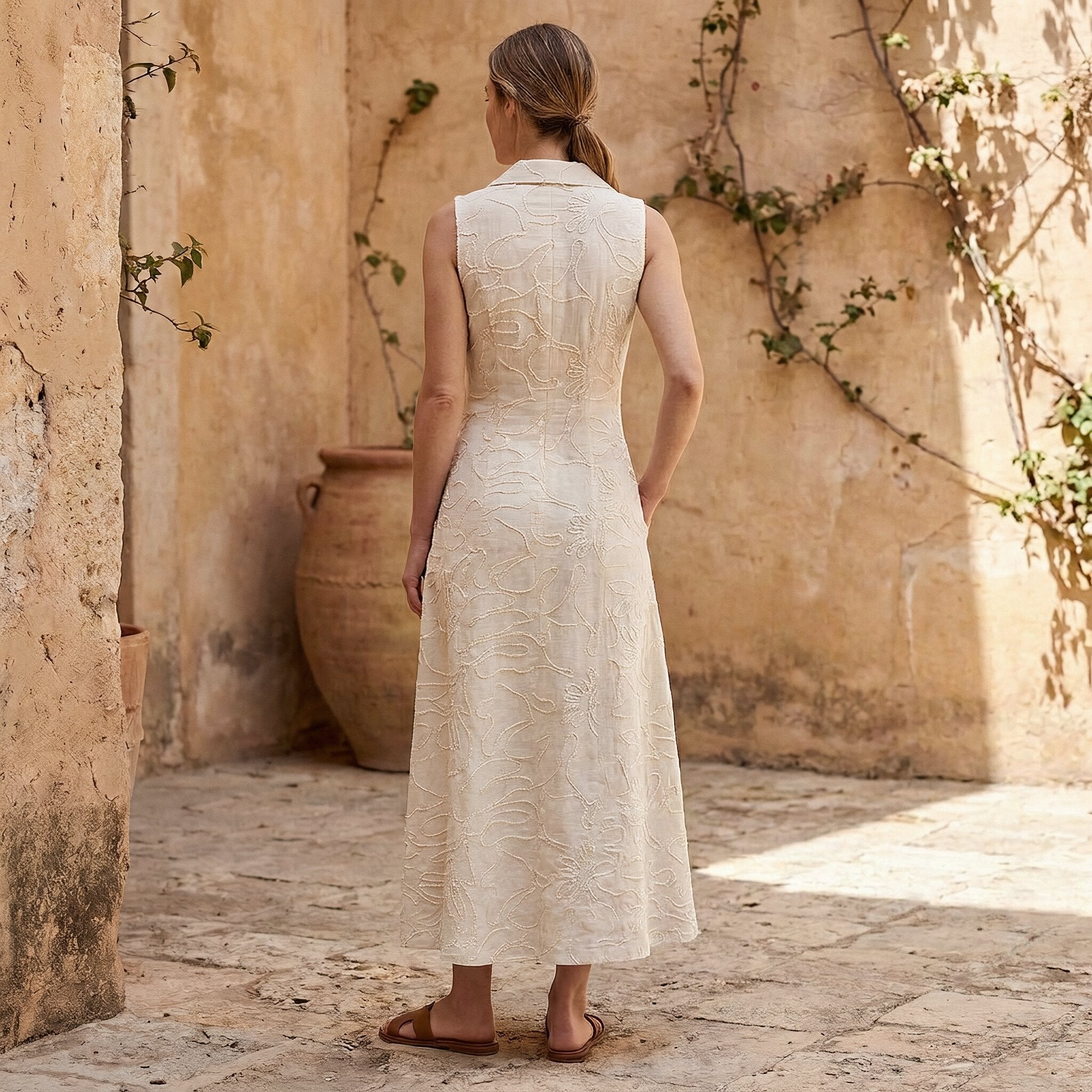 Ecru Embroidered Cotton Paneled Sleeveless Maxi Dress