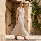 Ecru Embroidered Cotton Paneled Sleeveless Maxi Dress