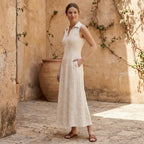 Ecru Embroidered Cotton Paneled Sleeveless Maxi Dress