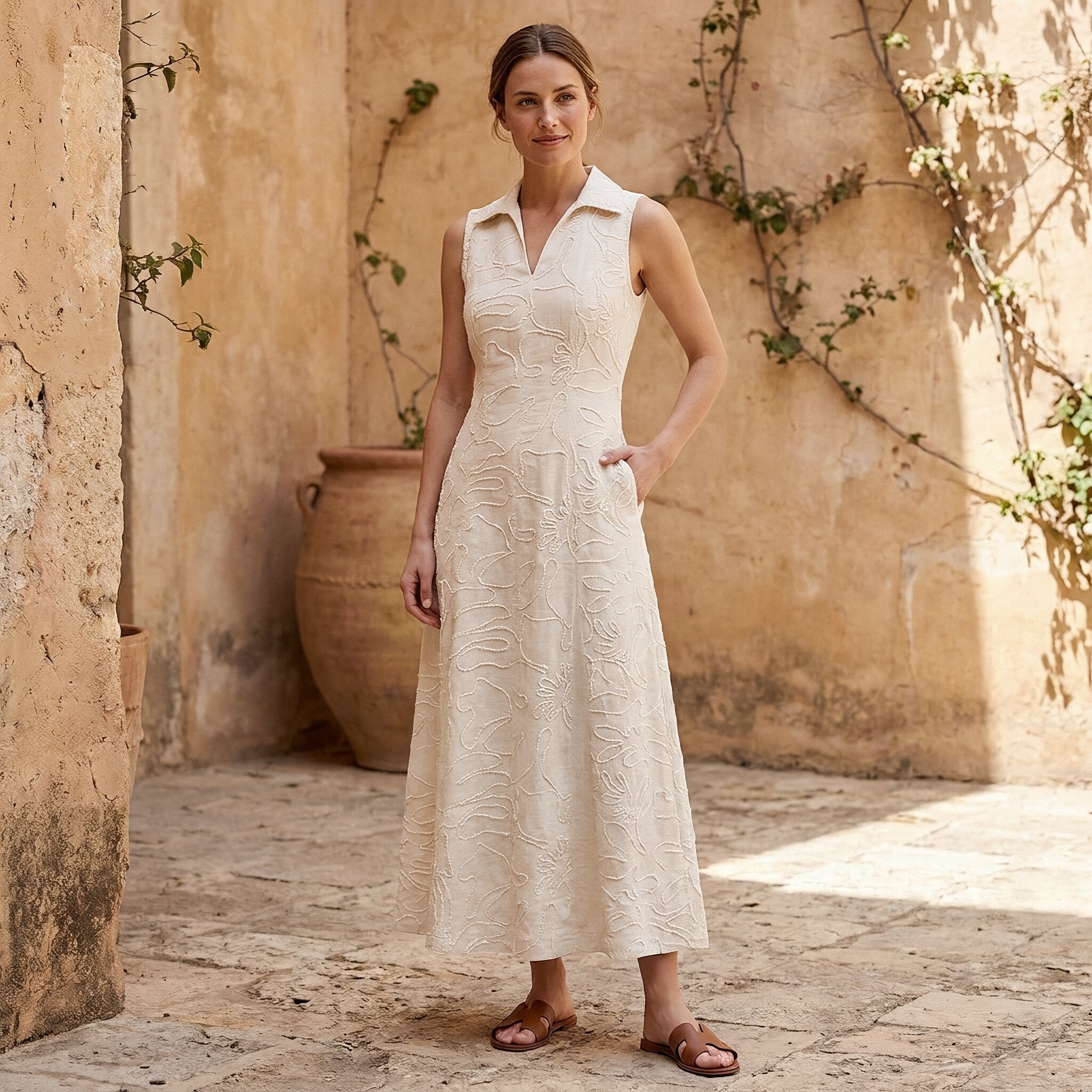 Ecru Embroidered Cotton Paneled Sleeveless Maxi Dress