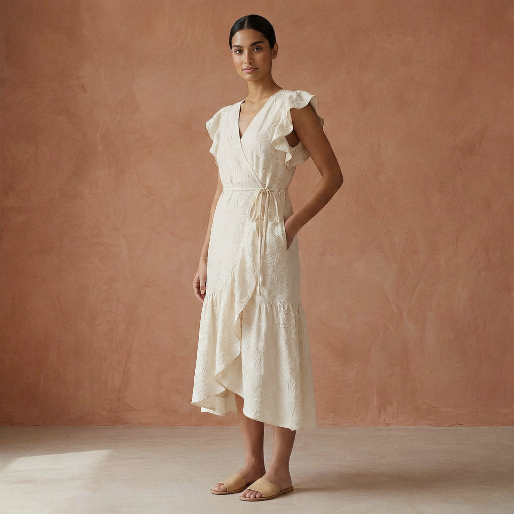 Ecru Embroidered Cotton Ruffle Midi Wrap Dress