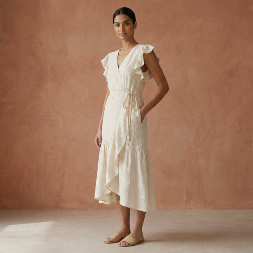 Ecru Embroidered Cotton Ruffle Midi Wrap Dress