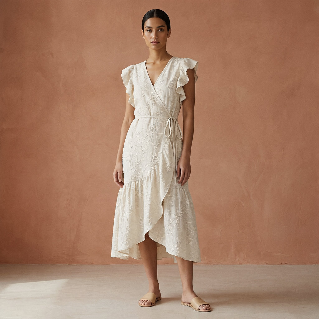 Ecru Embroidered Cotton Ruffle Midi Wrap Dress
