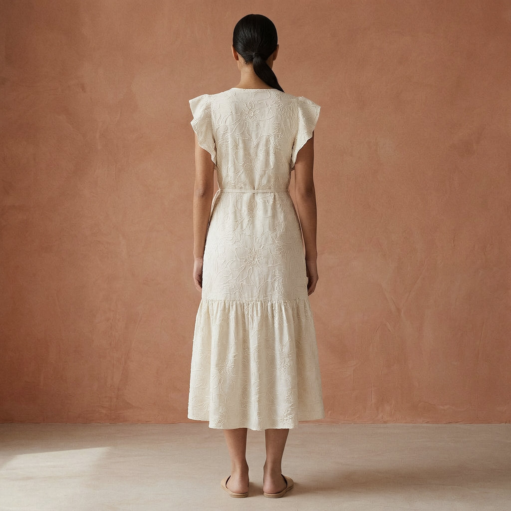 Ecru Embroidered Cotton Ruffle Midi Wrap Dress