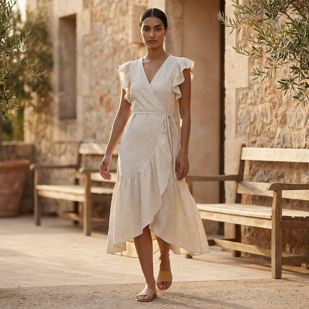 Ecru Embroidered Cotton Ruffle Midi Wrap Dress