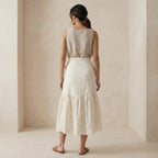 Ecru Embroidered Cotton Ruffle Midi Wrap Skirt