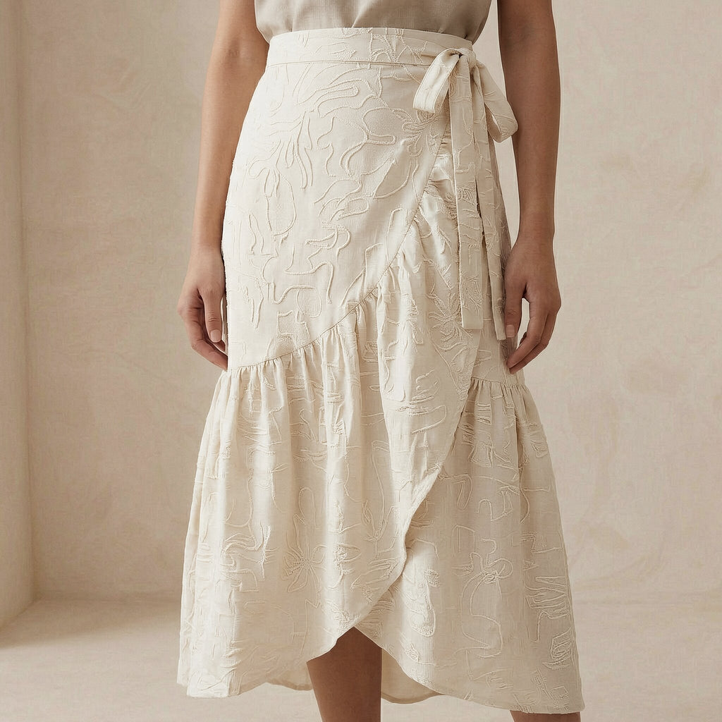 Ecru Embroidered Cotton Ruffle Midi Wrap Skirt