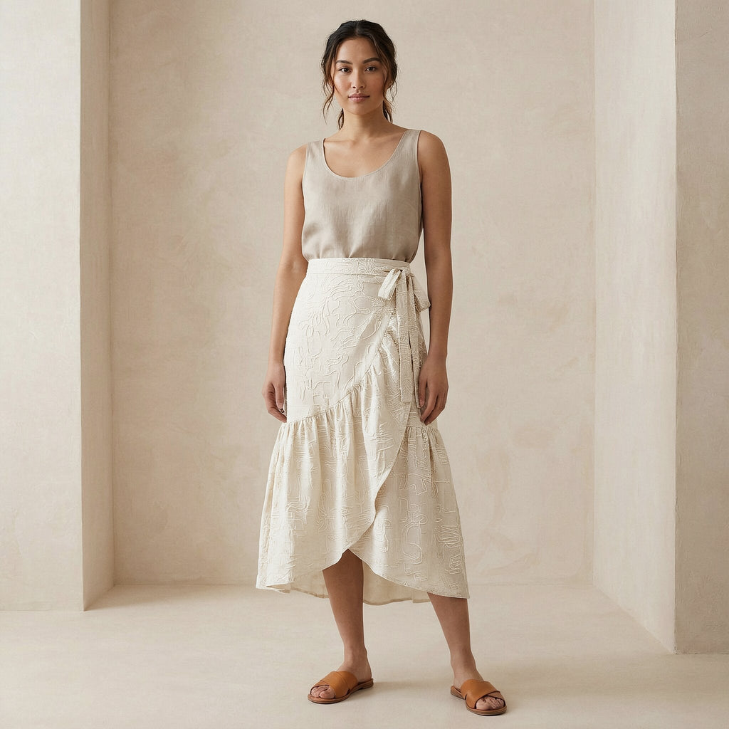 Ecru Embroidered Cotton Ruffle Midi Wrap Skirt
