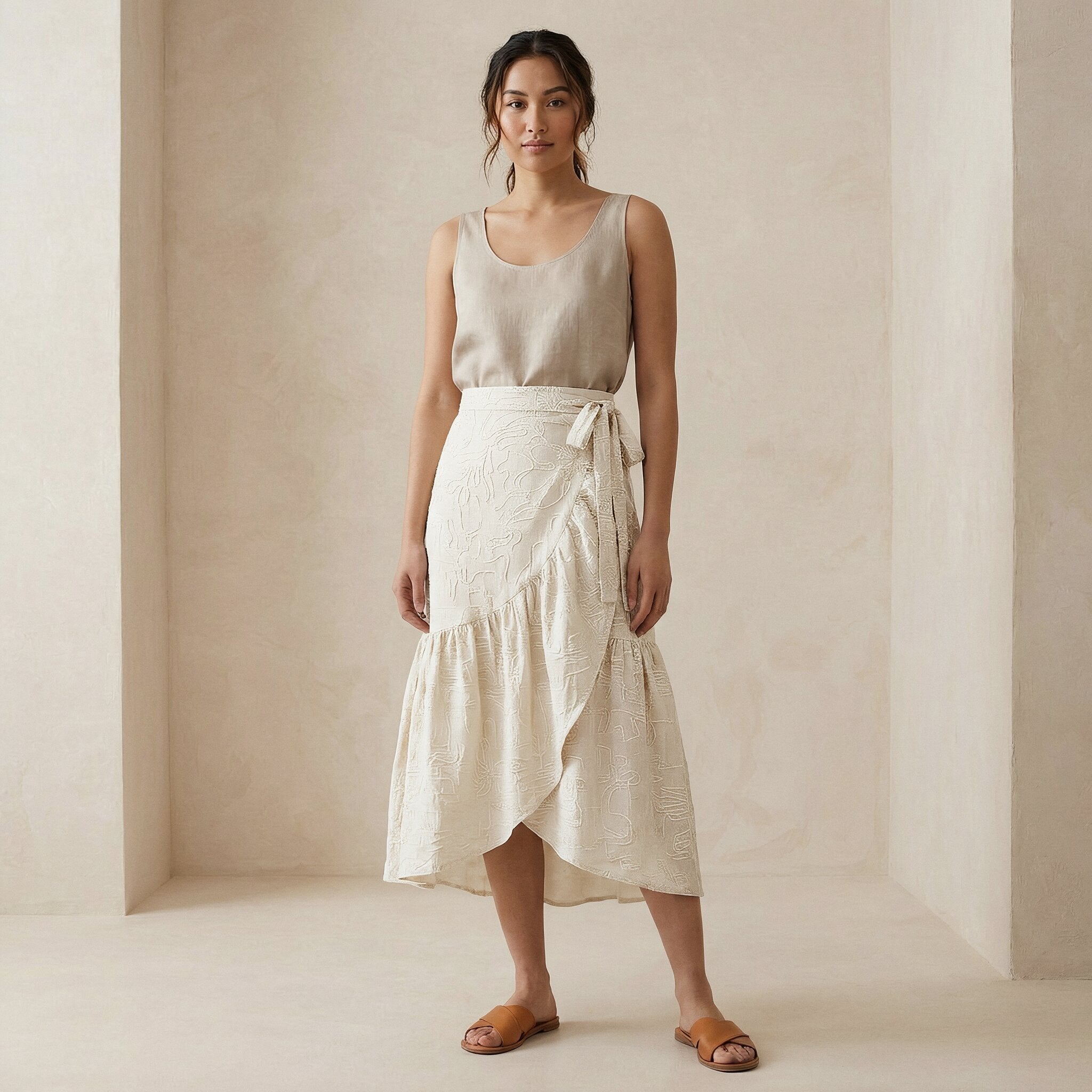 Ecru Embroidered Cotton Ruffle Midi Wrap Skirt