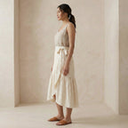 Ecru Embroidered Cotton Ruffle Midi Wrap Skirt