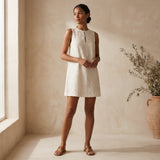 Ecru Embroidered Cotton Sleeveless A-Line Short Shift Dress