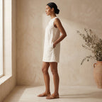 Ecru Embroidered Cotton Sleeveless A-Line Short Shift Dress