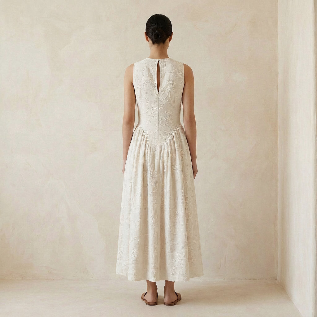 Ecru Embroidered Cotton Sleeveless Paneled Maxi Dress