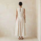Ecru Embroidered Cotton Sleeveless Paneled Maxi Dress