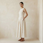 Ecru Embroidered Cotton Sleeveless Paneled Maxi Dress
