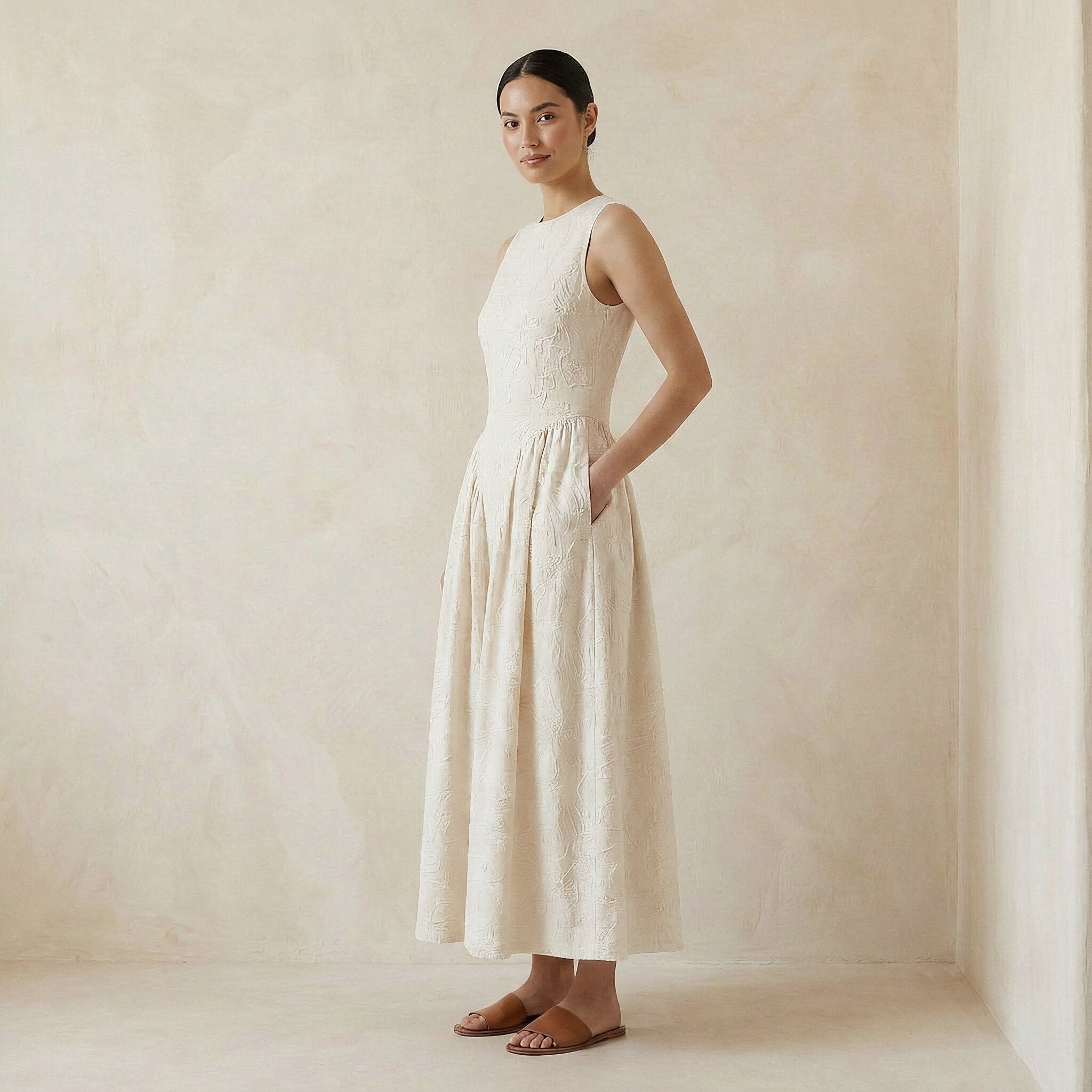 Ecru Embroidered Cotton Sleeveless Paneled Maxi Dress
