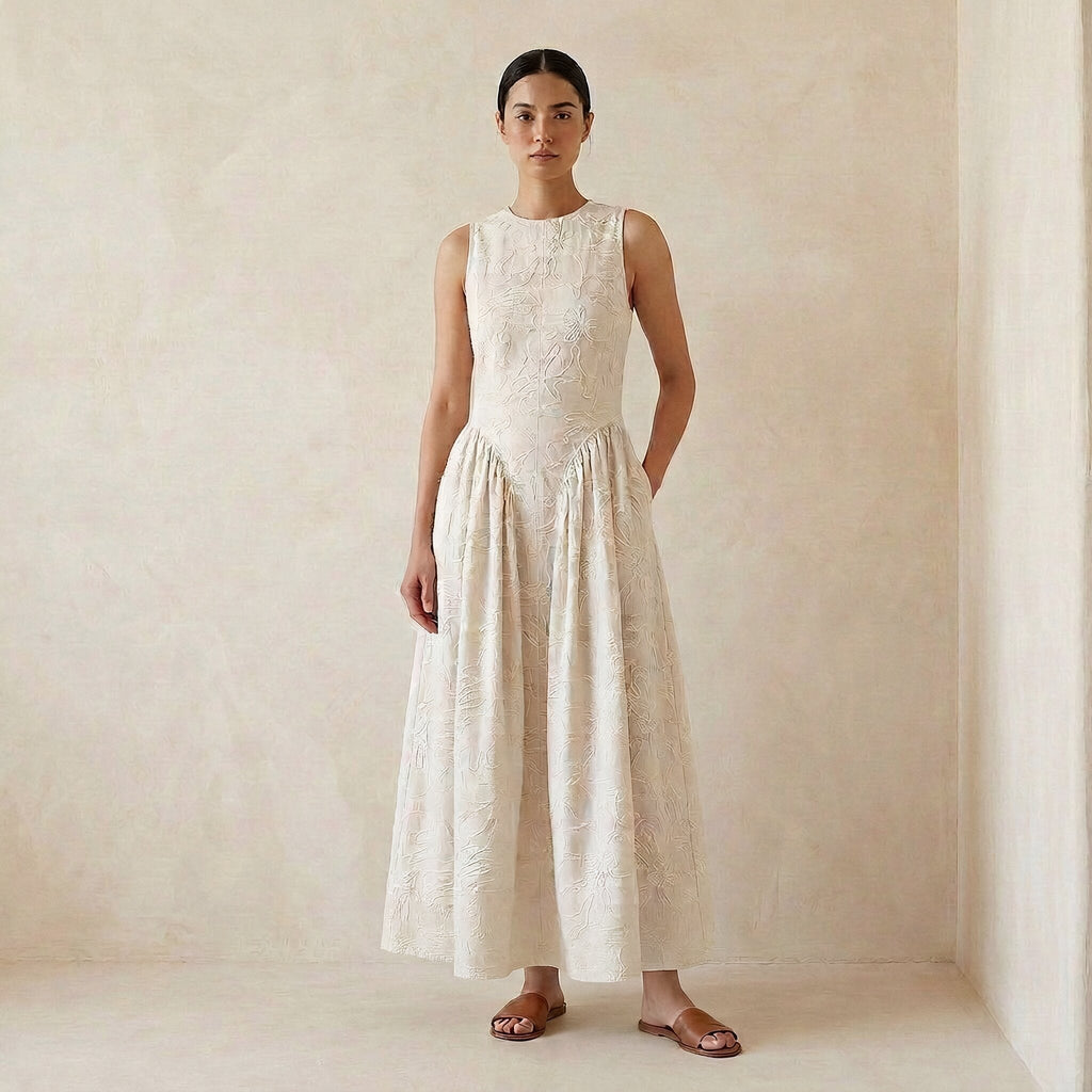Ecru Embroidered Cotton Sleeveless Paneled Maxi Dress
