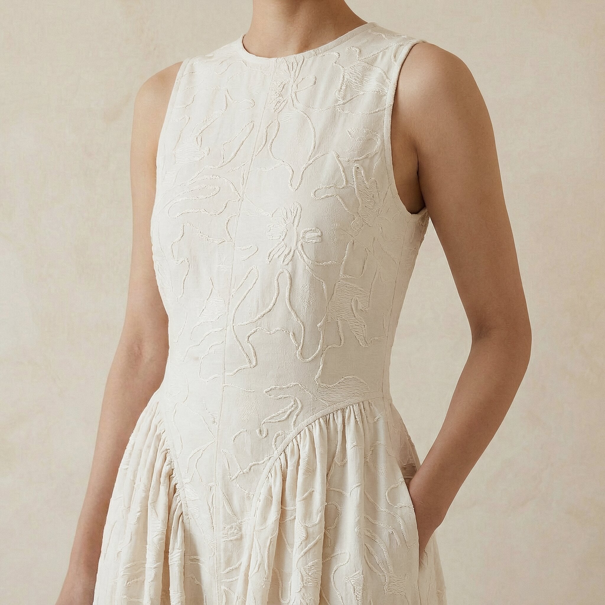 Ecru Embroidered Cotton Sleeveless Paneled Maxi Dress