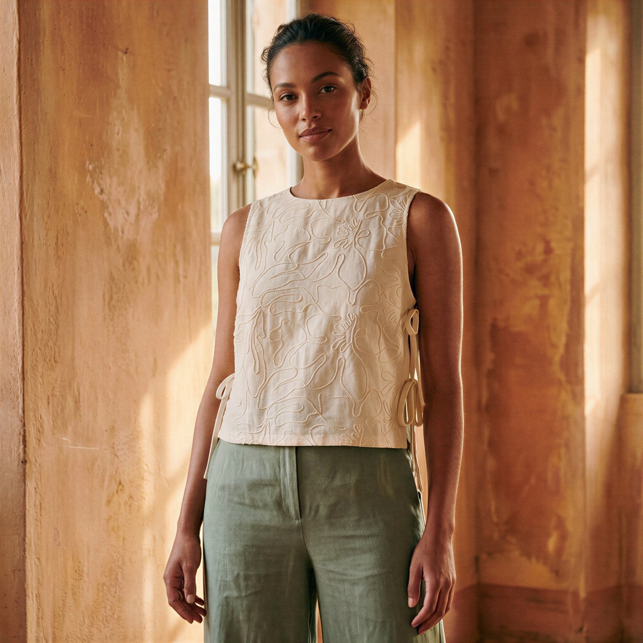 Ecru Embroidered Cotton Sleeveless Side-Tie Top