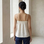 Ecru Embroidered Cotton Spaghetti Strap Top with Elastic Gathered Back