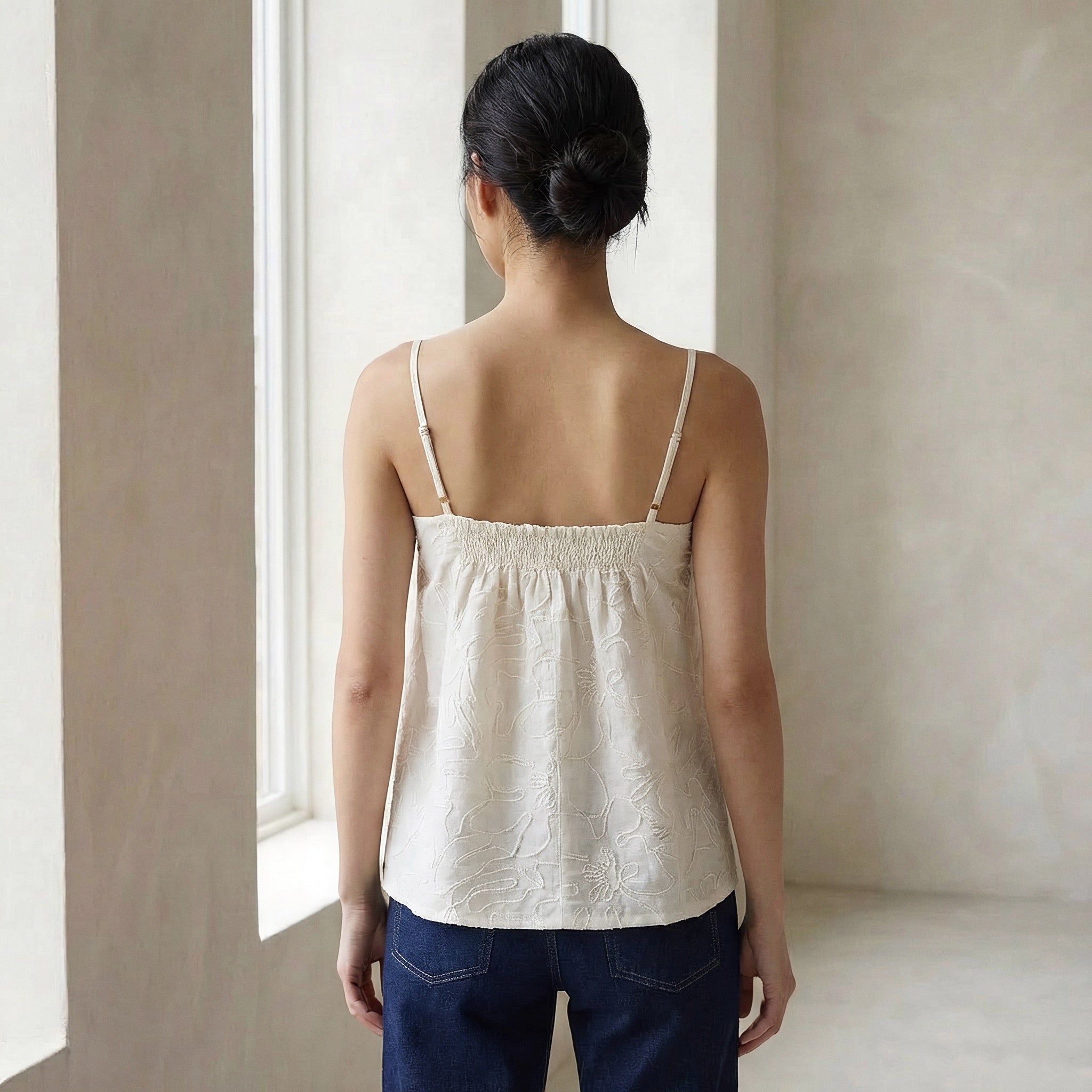Ecru Embroidered Cotton Spaghetti Strap Top with Elastic Gathered Back