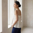Ecru Embroidered Cotton Spaghetti Strap Top with Elastic Gathered Back
