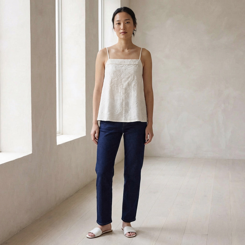 Ecru Embroidered Cotton Spaghetti Strap Top with Elastic Gathered Back