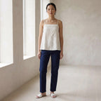 Ecru Embroidered Cotton Spaghetti Strap Top with Elastic Gathered Back