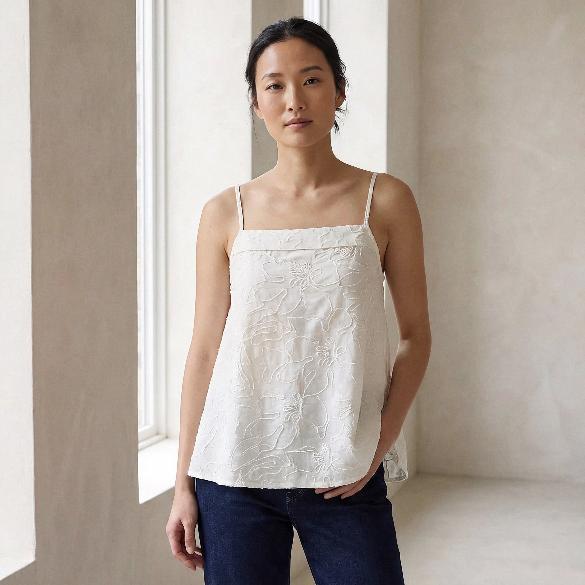 Ecru Embroidered Cotton Spaghetti Strap Top with Elastic Gathered Back