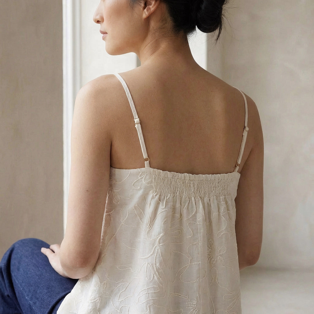 Ecru Embroidered Cotton Spaghetti Strap Top with Elastic Gathered Back