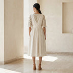Ecru Embroidered Cotton V-Neck Pinafore Midi Wrap Dress
