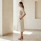 Ecru Embroidered Cotton V-Neck Pinafore Midi Wrap Dress