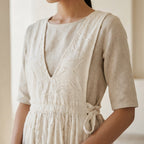 Ecru Embroidered Cotton V-Neck Pinafore Midi Wrap Dress
