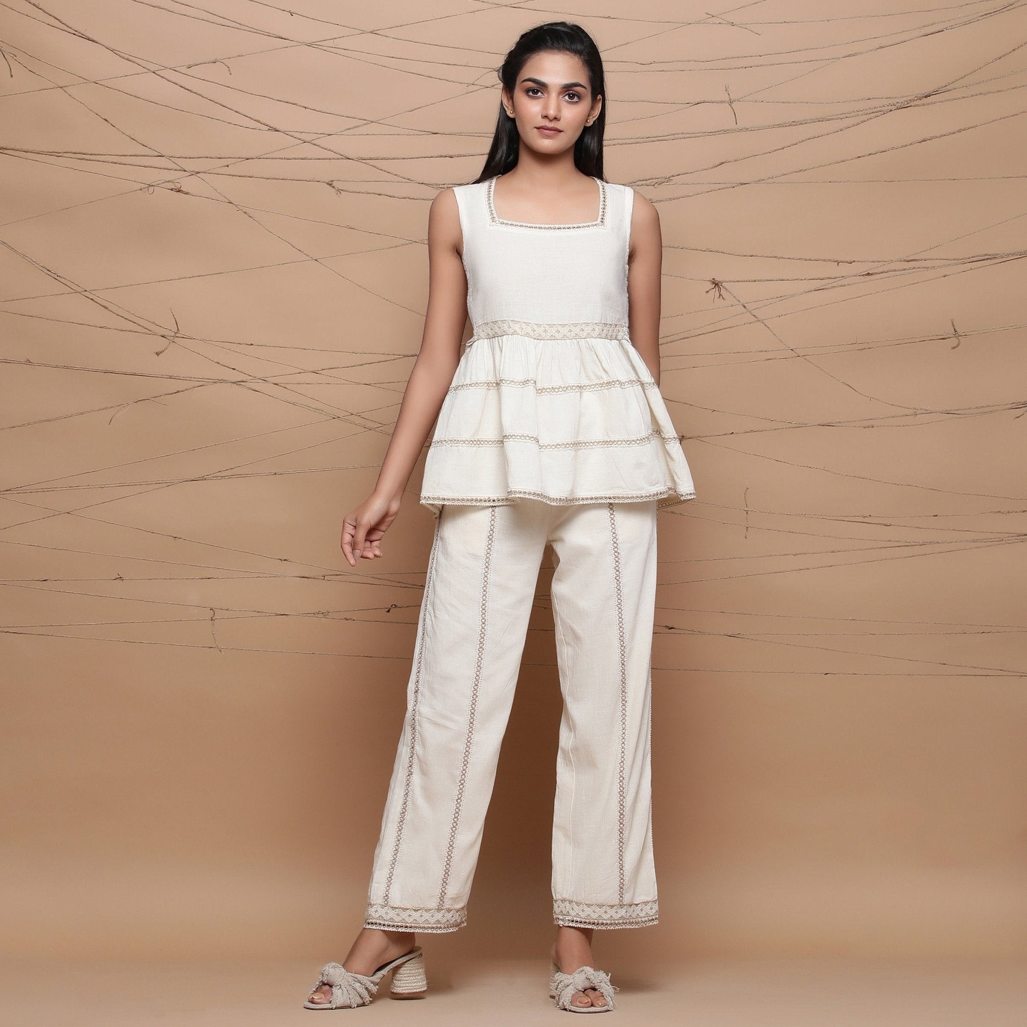 Ecru Jute Laced Cotton Muslin Sleeveless Peplum Top