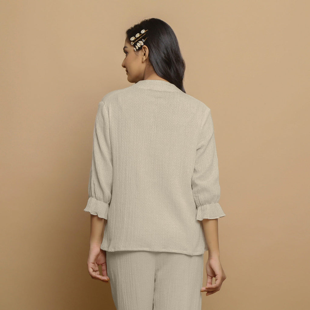 Ecru Undyed Crinkled Cotton Flax Boho Tie-Neck Top