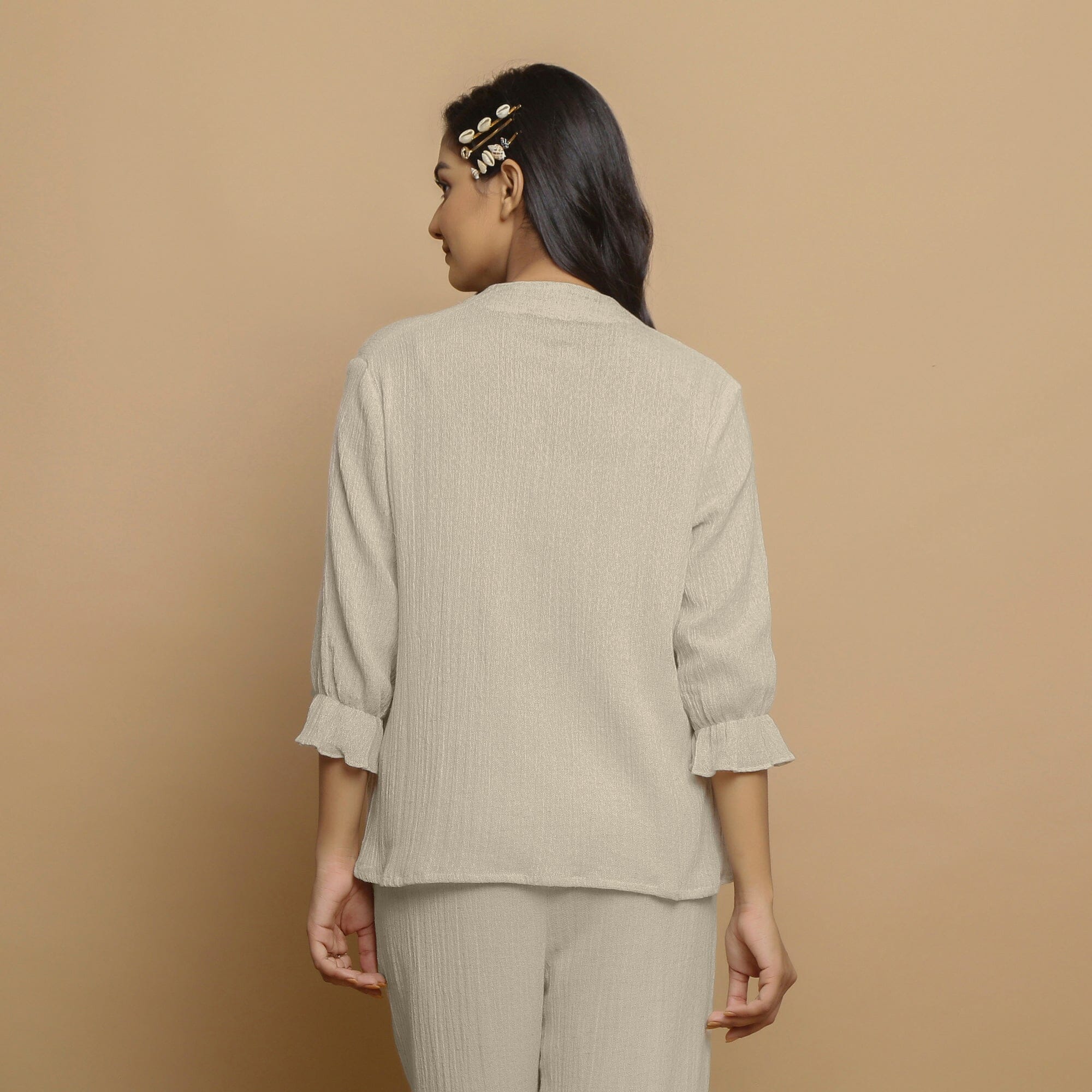 Ecru Undyed Crinkled Cotton Flax Boho Tie-Neck Top