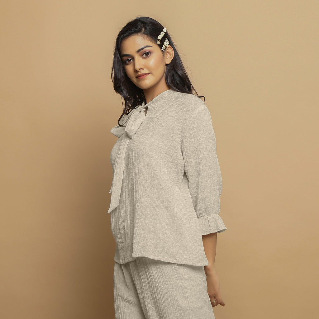 Ecru Undyed Crinkled Cotton Flax Boho Tie-Neck Top