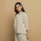 Ecru Undyed Crinkled Cotton Flax Boho Tie-Neck Top