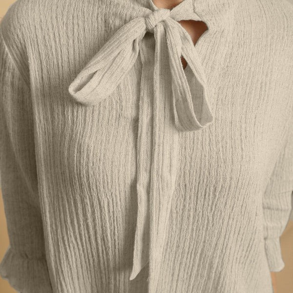 Ecru Undyed Crinkled Cotton Flax Boho Tie-Neck Top