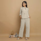 Ecru Undyed Crinkled Cotton Flax Boho Tie-Neck Top