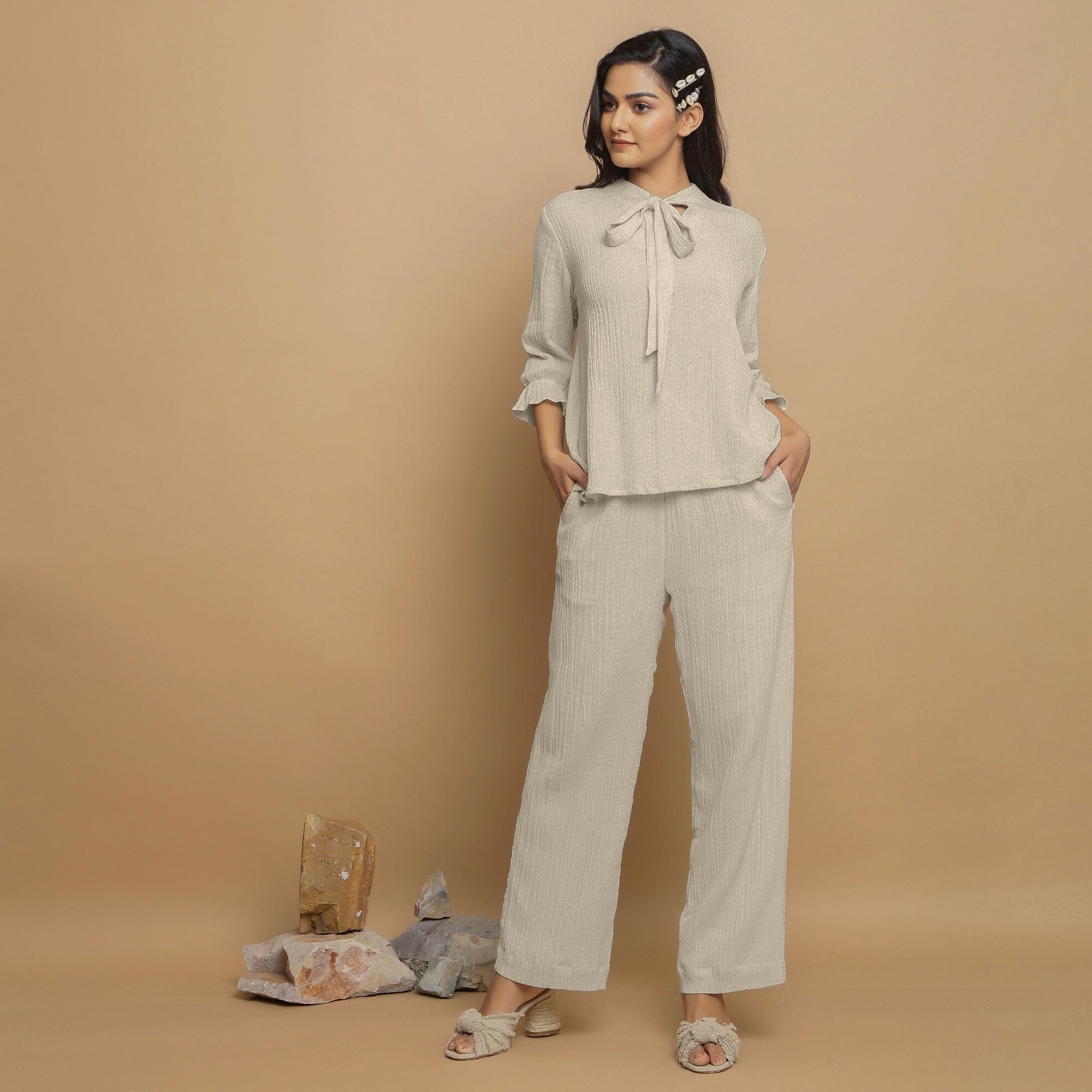 Ecru Undyed Crinkled Cotton Flax Boho Tie-Neck Top