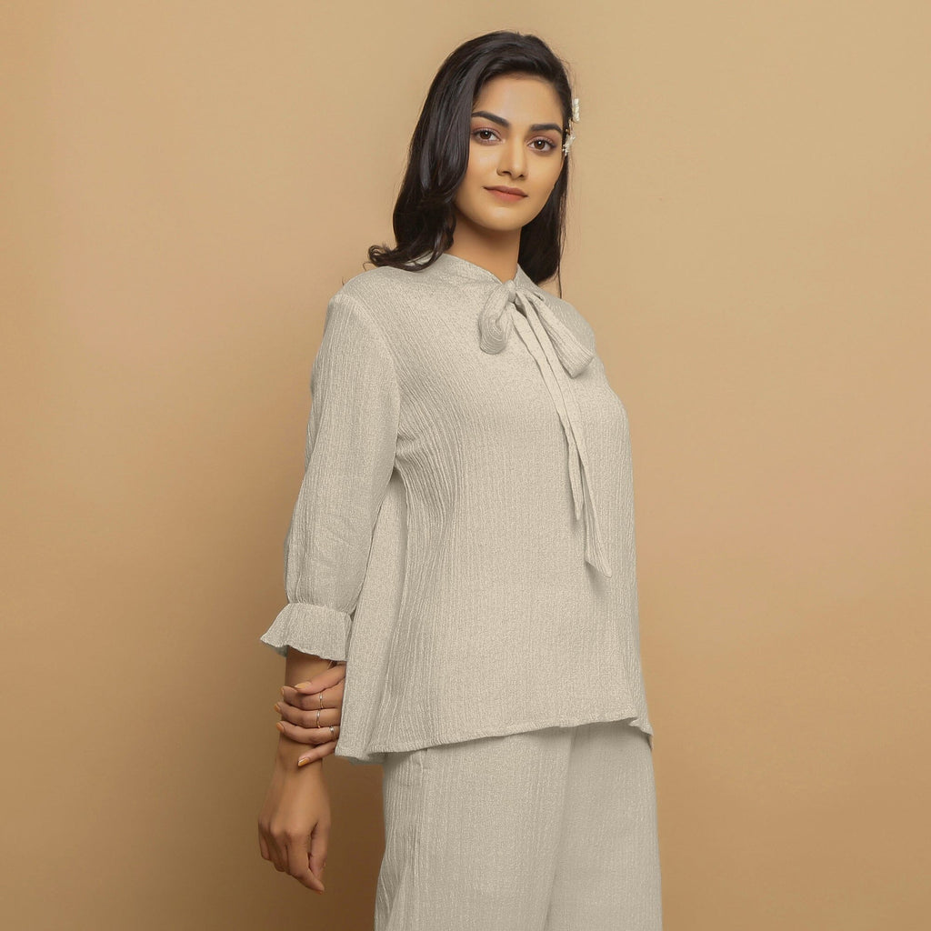 Ecru Undyed Crinkled Cotton Flax Boho Tie-Neck Top