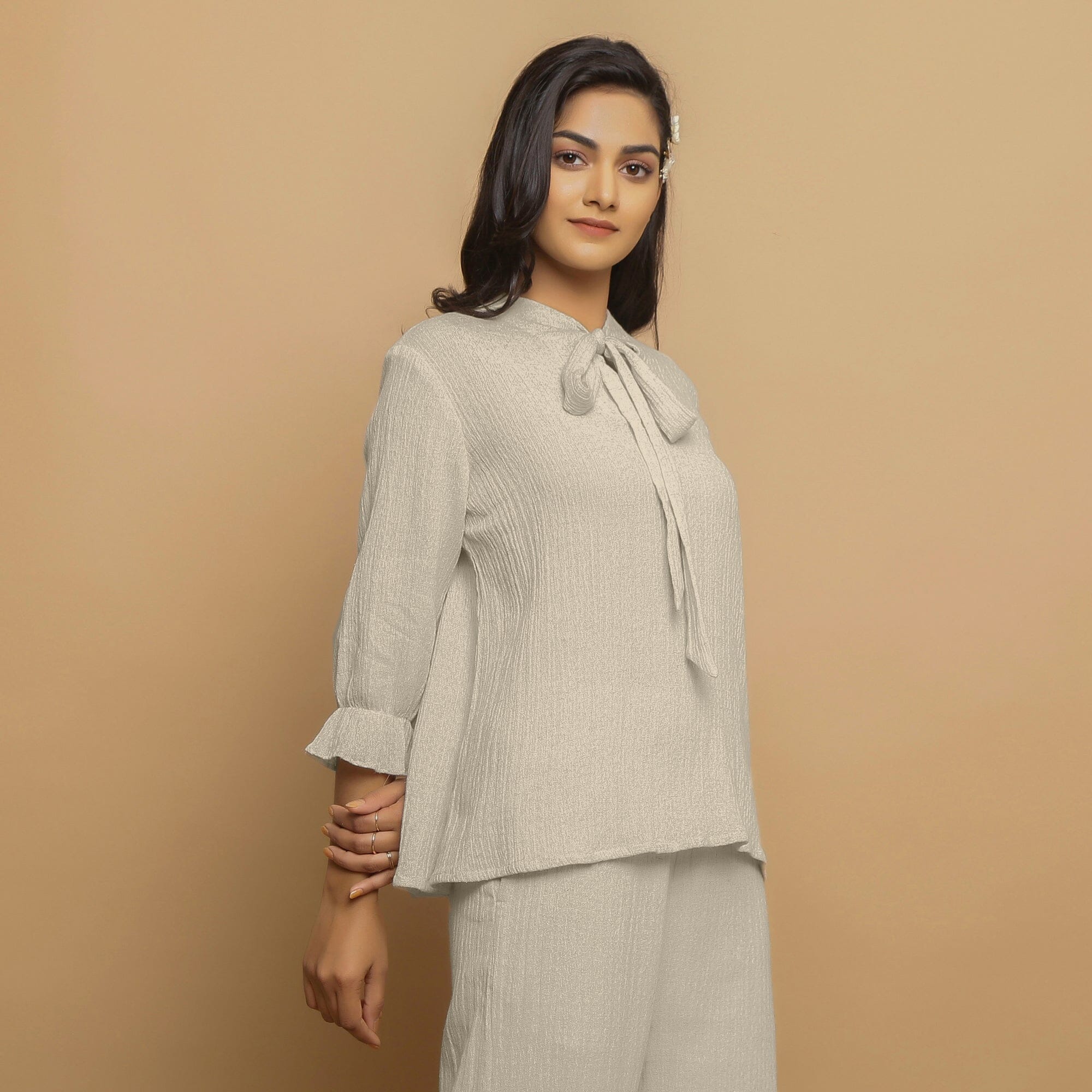 Ecru Undyed Crinkled Cotton Flax Boho Tie-Neck Top