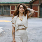 Ecru Undyed Crinkled Cotton Flax Butterfly Sleeves Crop Top