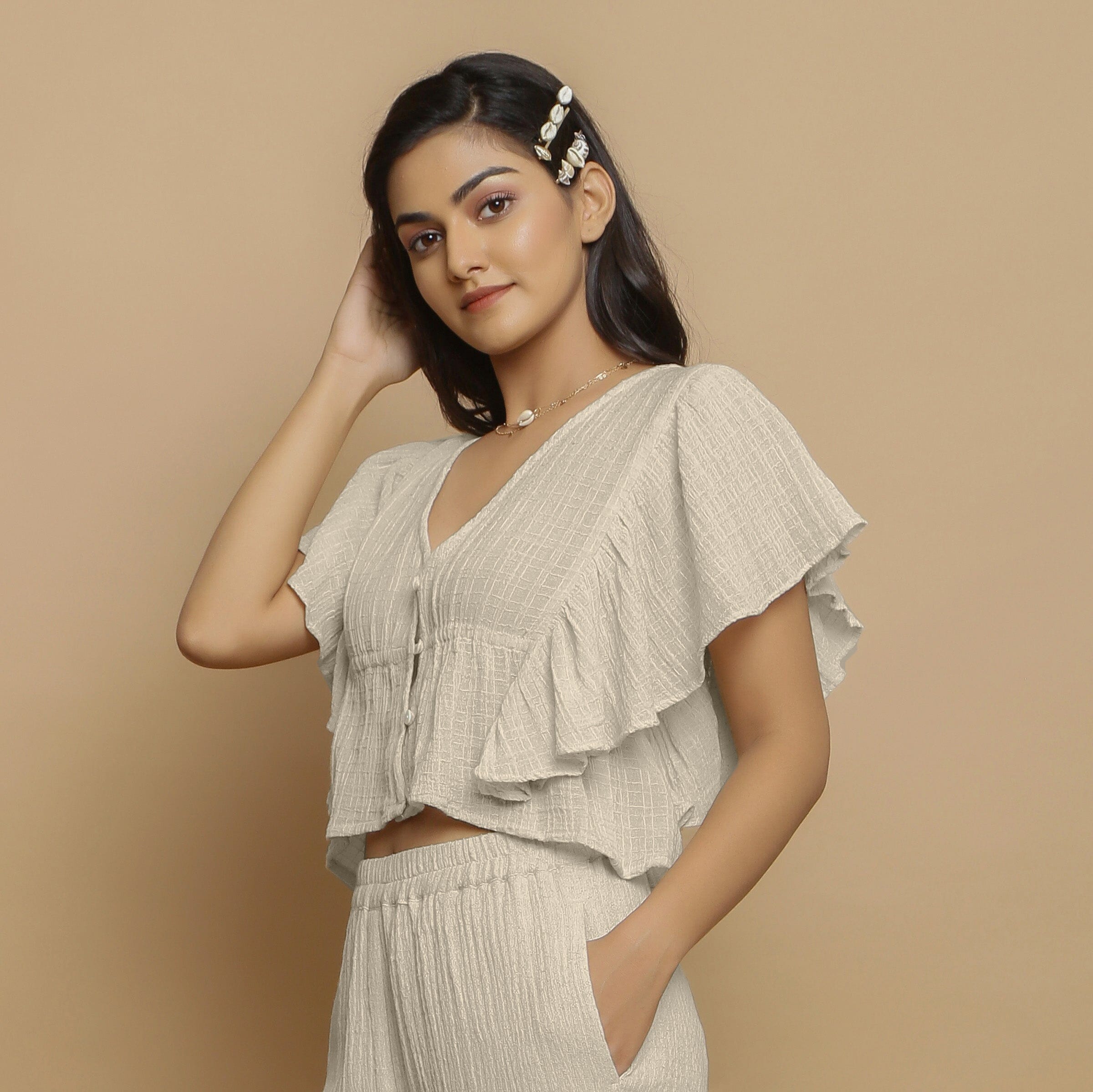 Ecru Undyed Crinkled Cotton Flax Butterfly Sleeves Crop Top