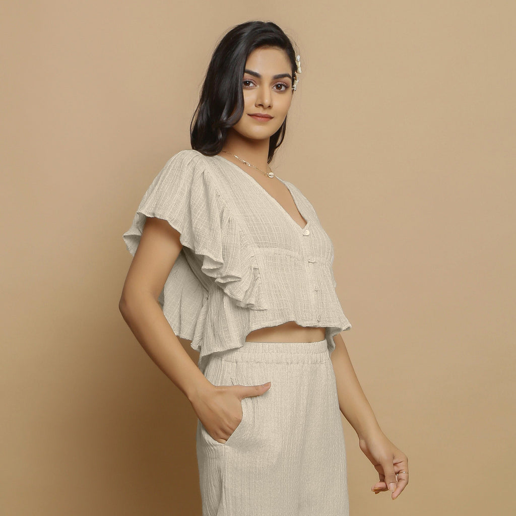 Ecru Undyed Crinkled Cotton Flax Butterfly Sleeves Crop Top