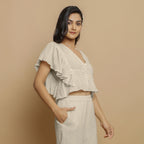 Ecru Undyed Crinkled Cotton Flax Butterfly Sleeves Crop Top
