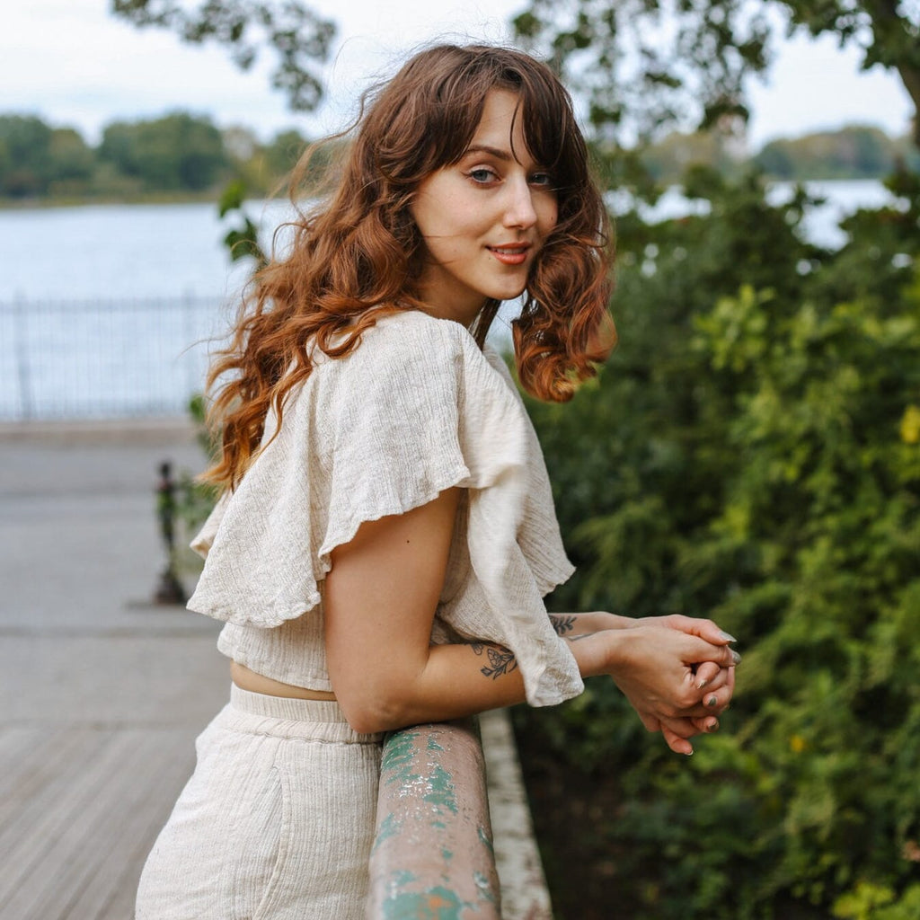 Ecru Undyed Crinkled Cotton Flax Butterfly Sleeves Crop Top